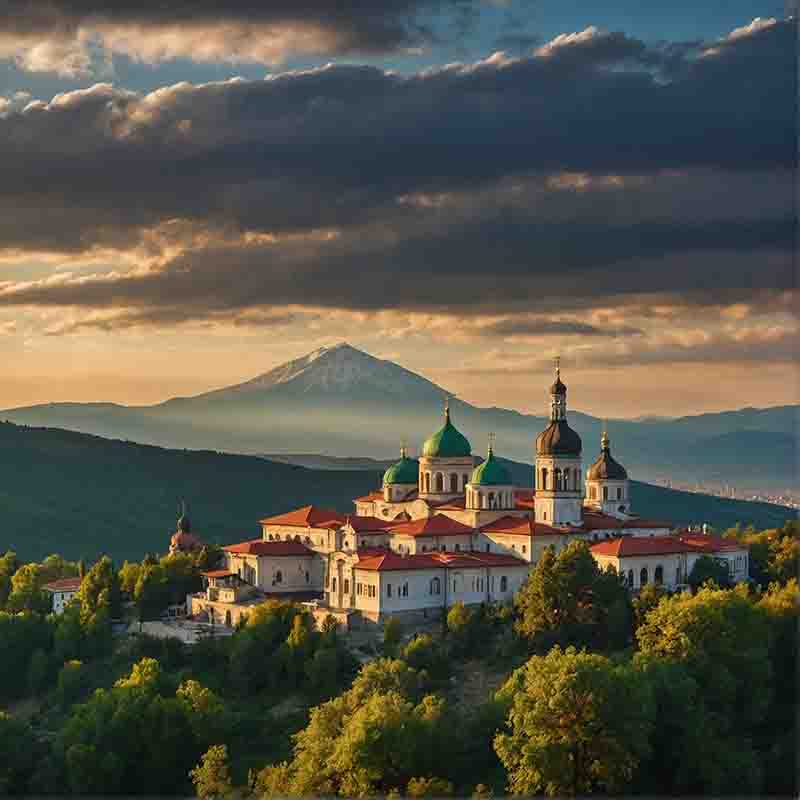 Blick auf ein bulgarisches Kloster bei Sonnenuntergang, das sich an einen majestätischen Berg schmiegt und eine heitere und malerische Szenerie schafft.