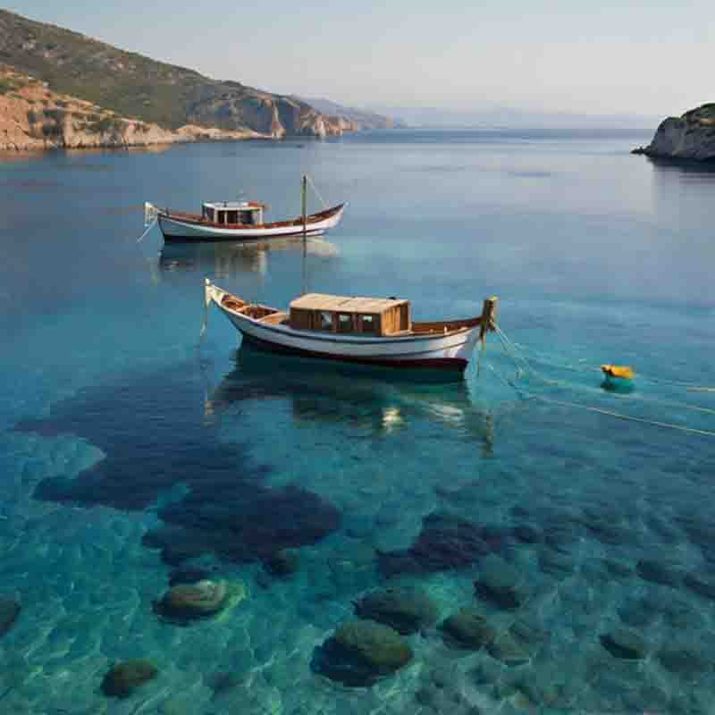 Zwei Boote schwimmen im klaren blauen Wasser und bilden eine ruhige und malerische Szene an der ägäischen Meeresküste