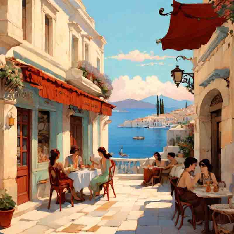 Eine kunstvolle Darstellung eines Cafés in Athen, in dem Menschen an Tischen sitzen.