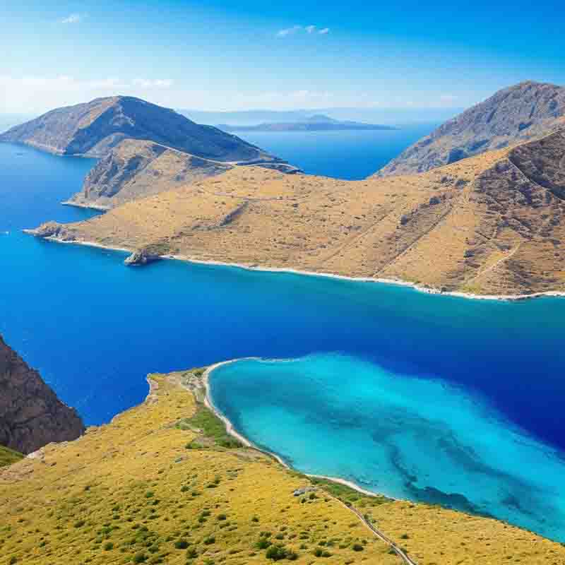 Ein eindrucksvolles Bild, das die atemberaubende Schönheit Kretas zeigt, mit einem tiefblauen Meer, das zur Gelassenheit einlädt.