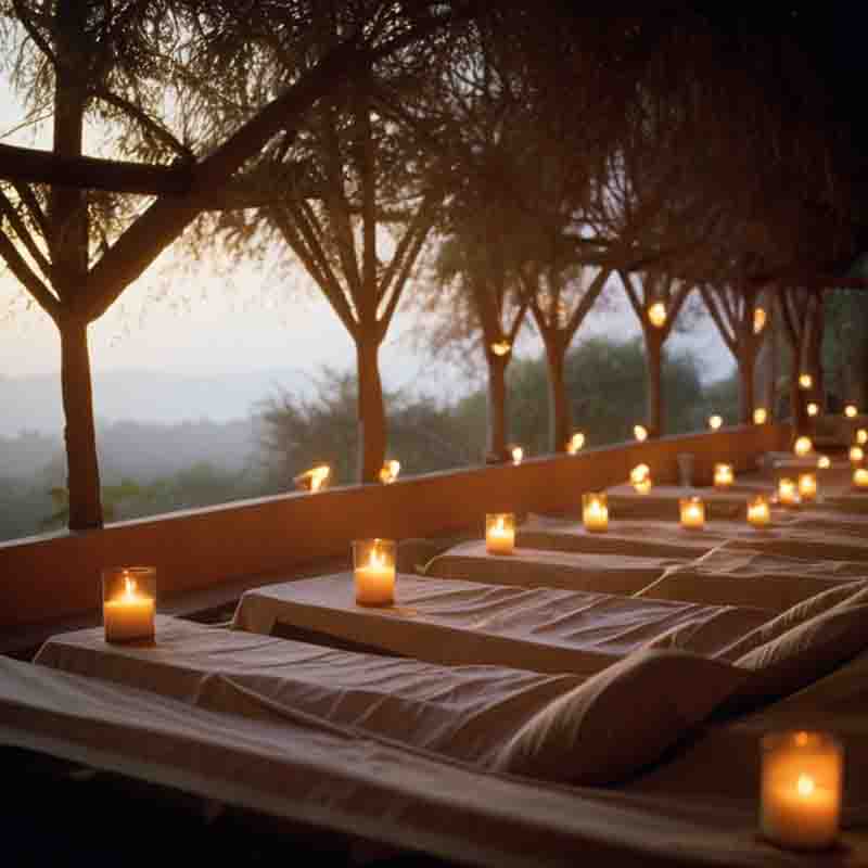 Ayurveda Sonnenuntergang mit Kerzen, die die Betten beleuchten.