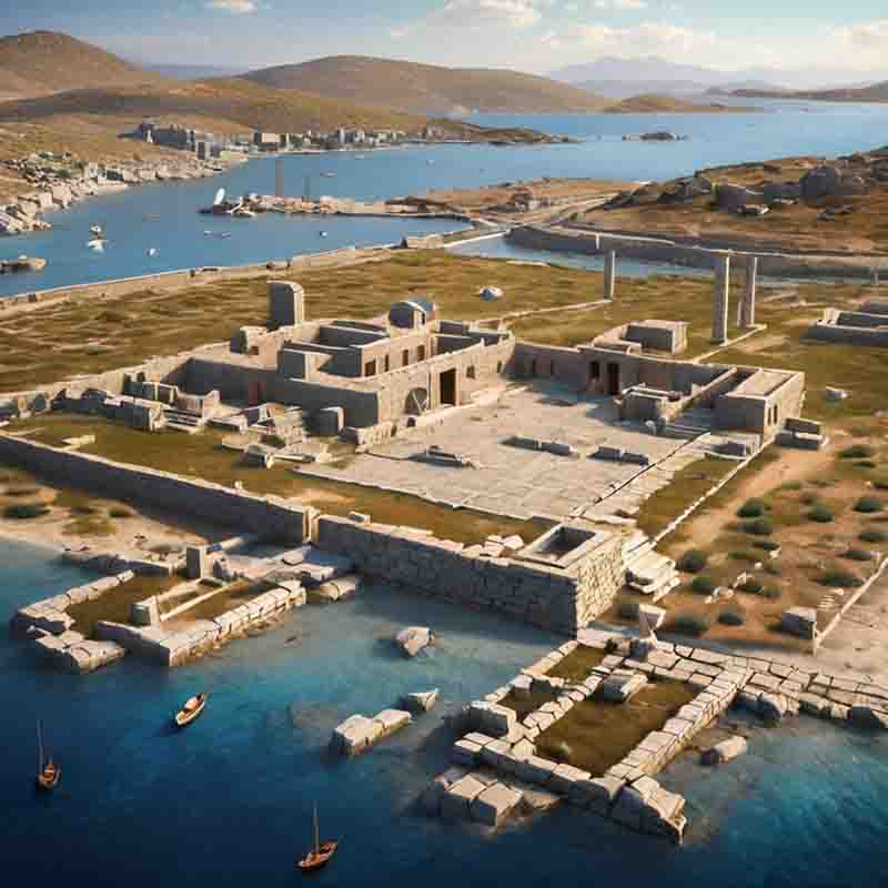 Antike griechische Stadt auf der Insel Delos mit Ruinen von Tempeln, Säulen und Amphitheatern, die eine reiche Geschichte und architektonische Wunderwerke zeigen.