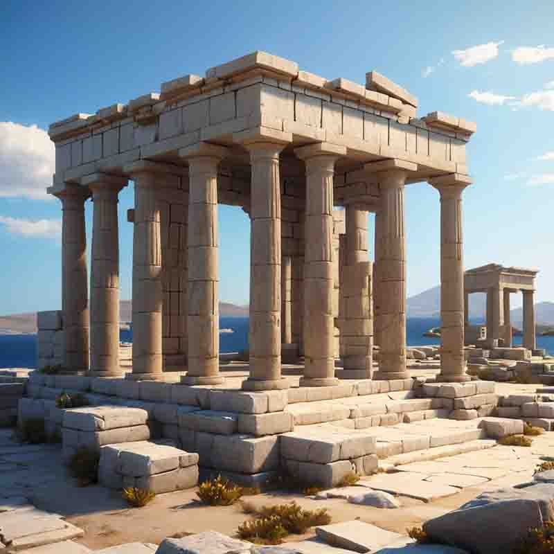 Ikonischer Tempel in Delos, Griechenland, der einen Einblick in die architektonische Brillanz des klassischen Zeitalters gewährt.
