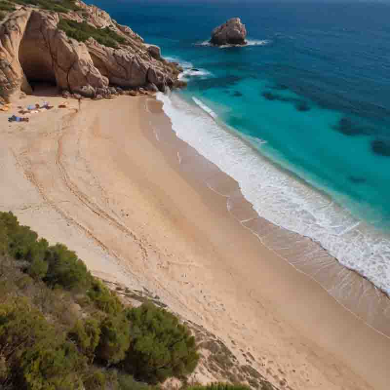 Ein ruhiger Strand auf Mallorca mit einer Höhle und einem leuchtend blauen Meer.