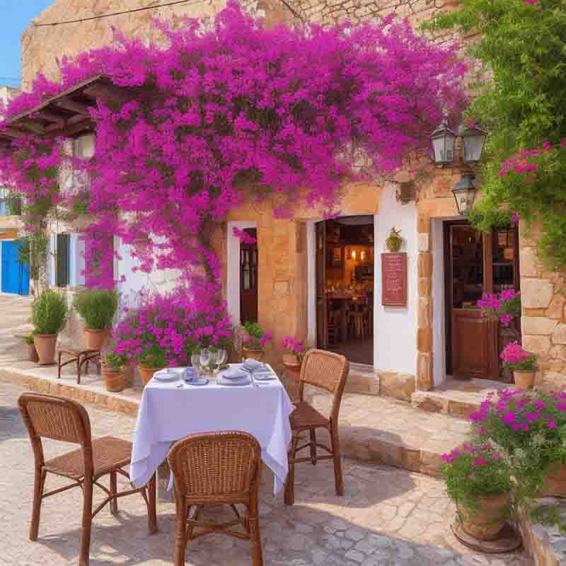 Tisch und Stühle in einem Restaurant auf Kreta vor einem leuchtend violetten Zierstrauch