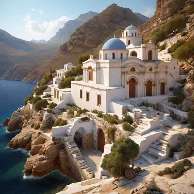 Eine malerische Kirche, die auf einer Klippe in Amorgos thront und einen atemberaubenden Blick auf das weite Meer bietet.