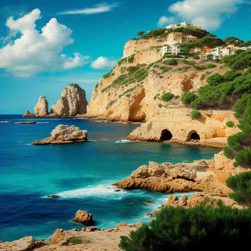 Die malerische Küste Ibizas mit ihren zerklüfteten Klippen und dem azurblauen Wasser.
