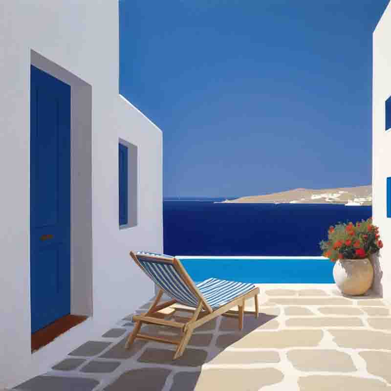 Blaue Tür auf der griechischen Ferieninsel Paros, flankiert von einem eleganten Stuhl mit Blick aufs Meer.