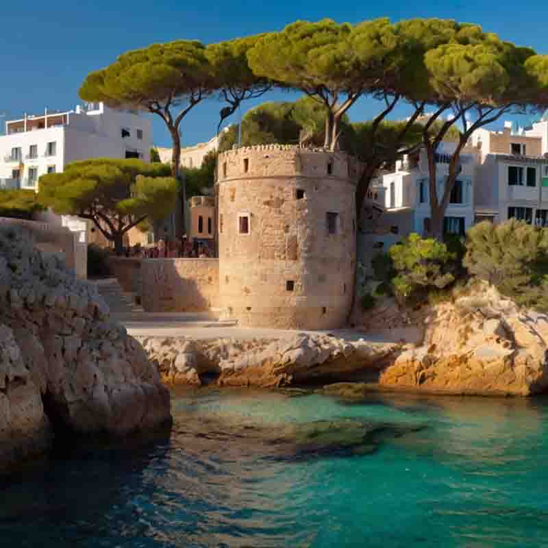 An der Küste von Menorca, Spanien, steht eine malerische Burg mit Blick auf das glitzernde blaue Wasser.