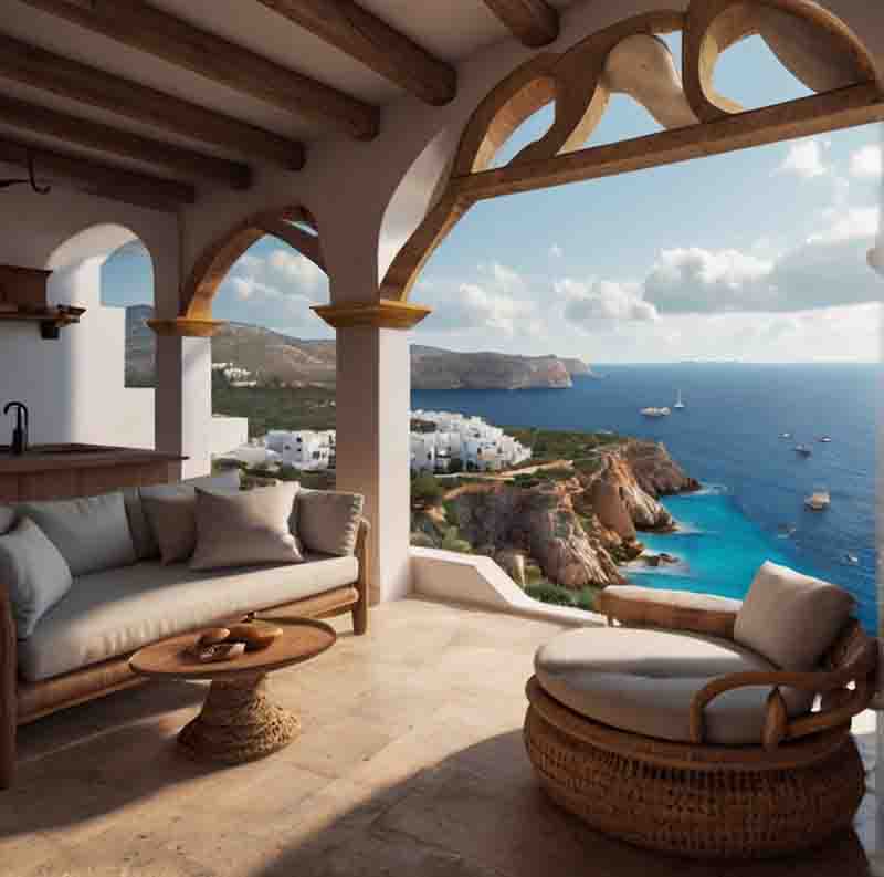 Ein luxuriöser Ibiza-Außenbereich im ibizenkischen Stil mit Blick auf die Weite des Mittelmeers