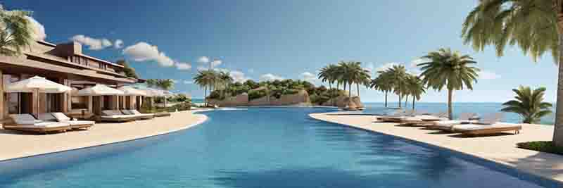 Ein Swimmingpool, der von Liegestühlen und Sonnenschirmen umgeben ist.