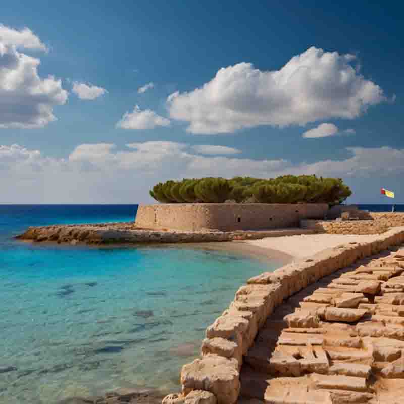 Ein ruhiger Strand auf Formentera mit einer Steinmauer und einem strahlend blauen Himmel darüber.
