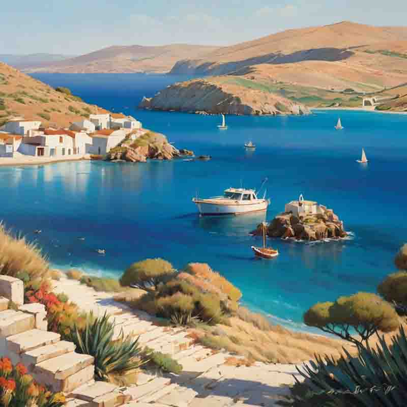 Eine szenische Malerei, die Boote friedlich auf dem Wasser in der Nähe eines ruhigen Strandes von Kythnos einfängt 