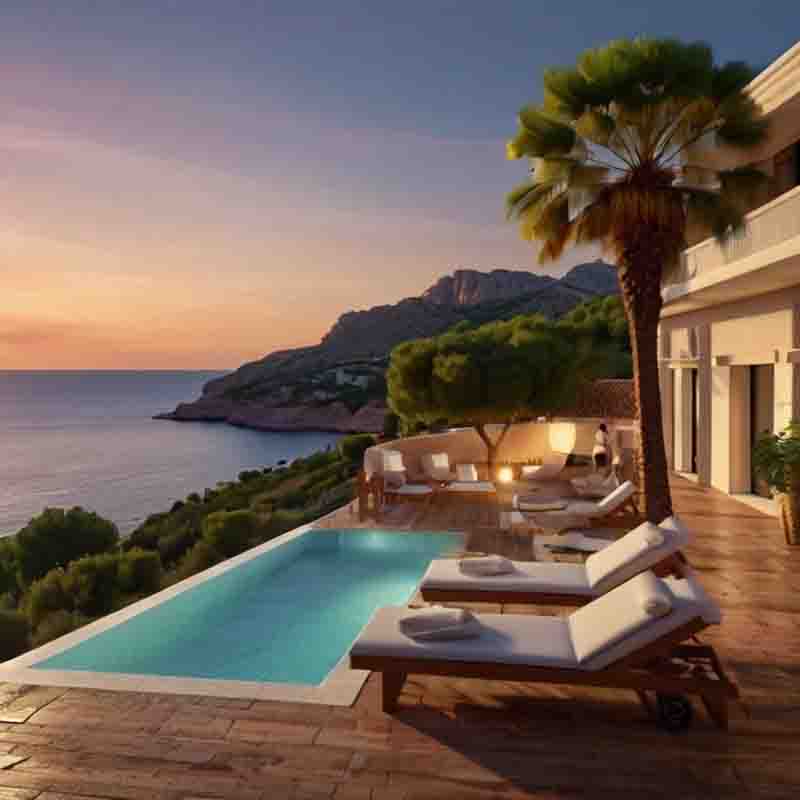 Eine luxuriöse Villa auf Mallorca mit Pool und Liegestühlen, die einen atemberaubenden Meerblick bietet.