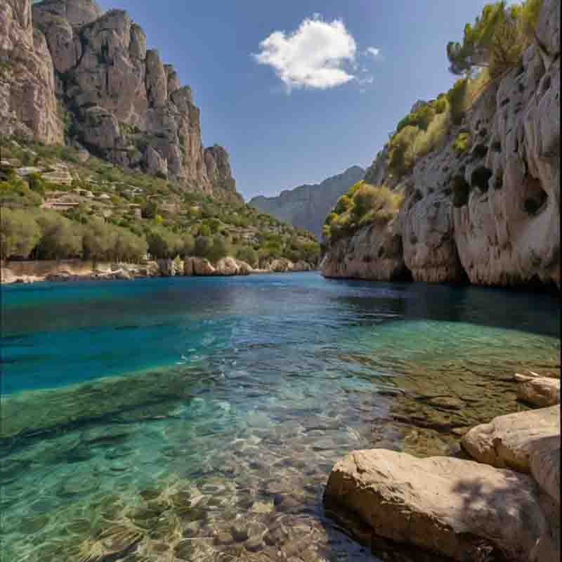 Kristallklares, azurblaues Wasser fließt durch einen majestätisch beeindruckenden Mallorca-Canyon und spiegelt den leuchtend blauen Himmel darüber wider.