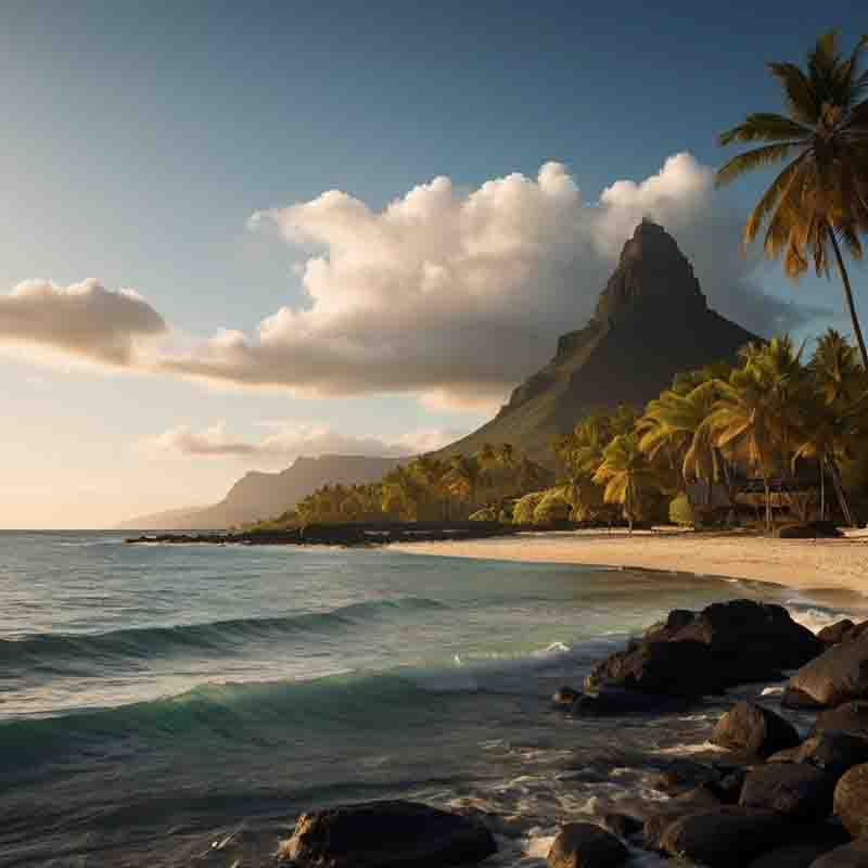 Die tropische Pracht von Mauritius mit einem sonnenverwöhnten Strand, der von majestätischen Palmen und verstreuten Felsen geschmückt wird.