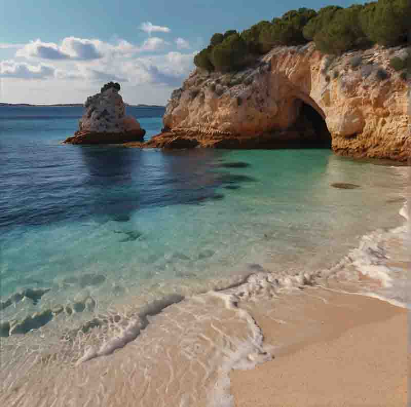 Ein ruhiger Strand auf Menorca mit einer Höhle und kristallklarem Wasser.