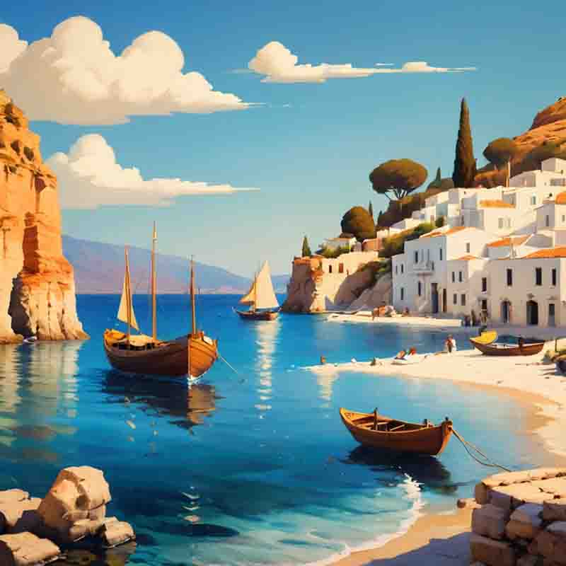 Strandidylle auf Milos Griechenland mit Booten und malerischen Häusern entlang des Ufers.
