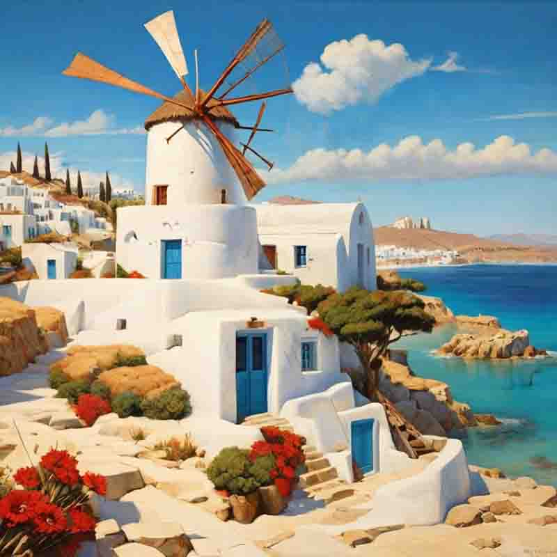 Ein malerisches Bild einer Windmühle auf Mykonos, die majestätisch auf einem Hügel thront und den Blick auf das Mittelmeer freigibt.