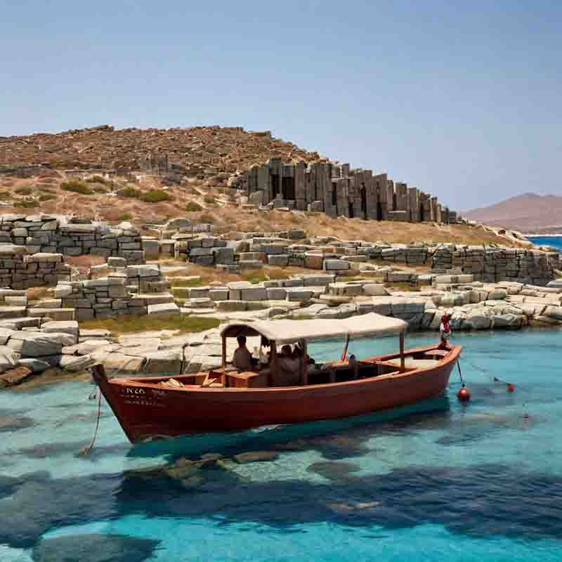 Segeltour durch das kristallklare blaue Wasser von Mykonos in der Nähe einer zerklüfteten Küste.