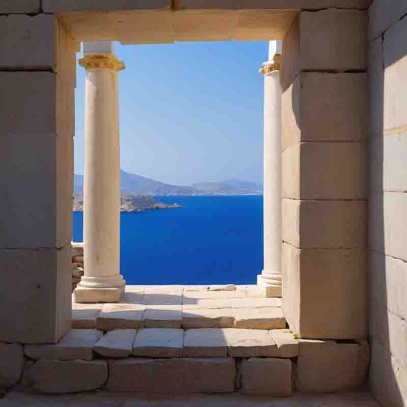 Meerblick aus dem Fenster der Natursteinvilla auf der Insel Naxos Griechenland.