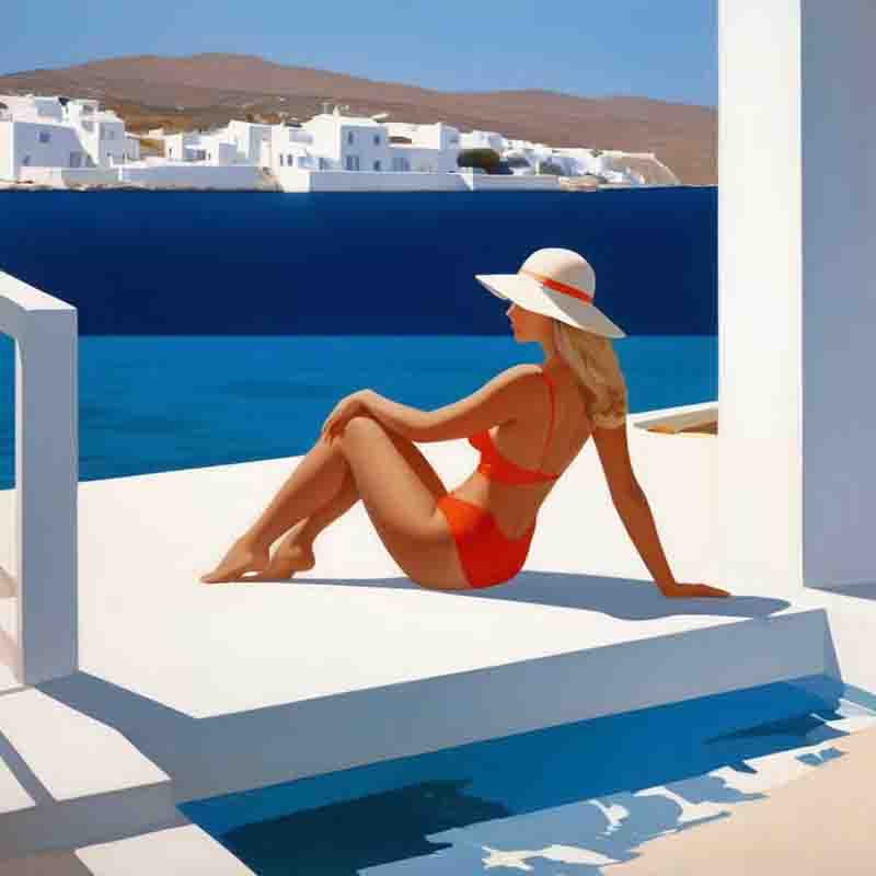 Frau im Bikini sitzt anmutig auf einem Felsvorsprung auf der gefühlvollen Insel Paros.