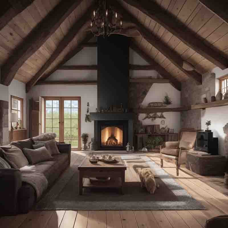 Ein prächtiges Wohnzimmer auf dem Ferienhof mit seinem großen Kamin und den rustikalen Holzbalken strahlt Opulenz und Wärme aus.