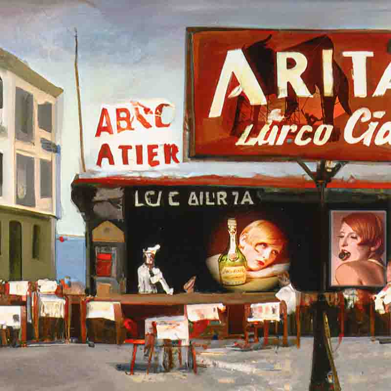Mediterrane Bar mit Postern von Modellen im impressionistischen Stil.
