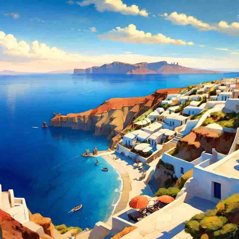 Ein künstlerisches Gemälde eines ruhigen Strandes auf Santorin mit kristallblauem Wasser.