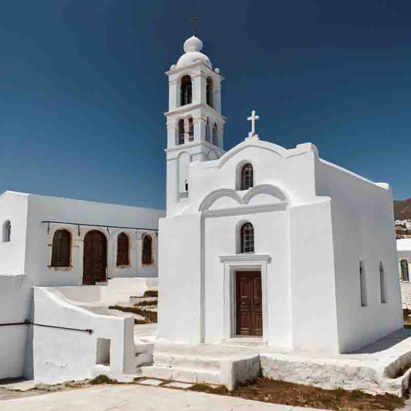 Eine schöne weiße Kirche auf der griechischen Insel Tinos mit einem Kirchturm und einer Tür