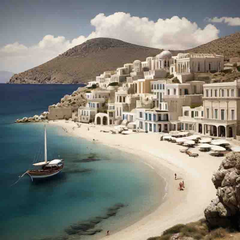 Ein Boot am Strand der griechischen Insel Syros neben einem weißen Bauwerk.