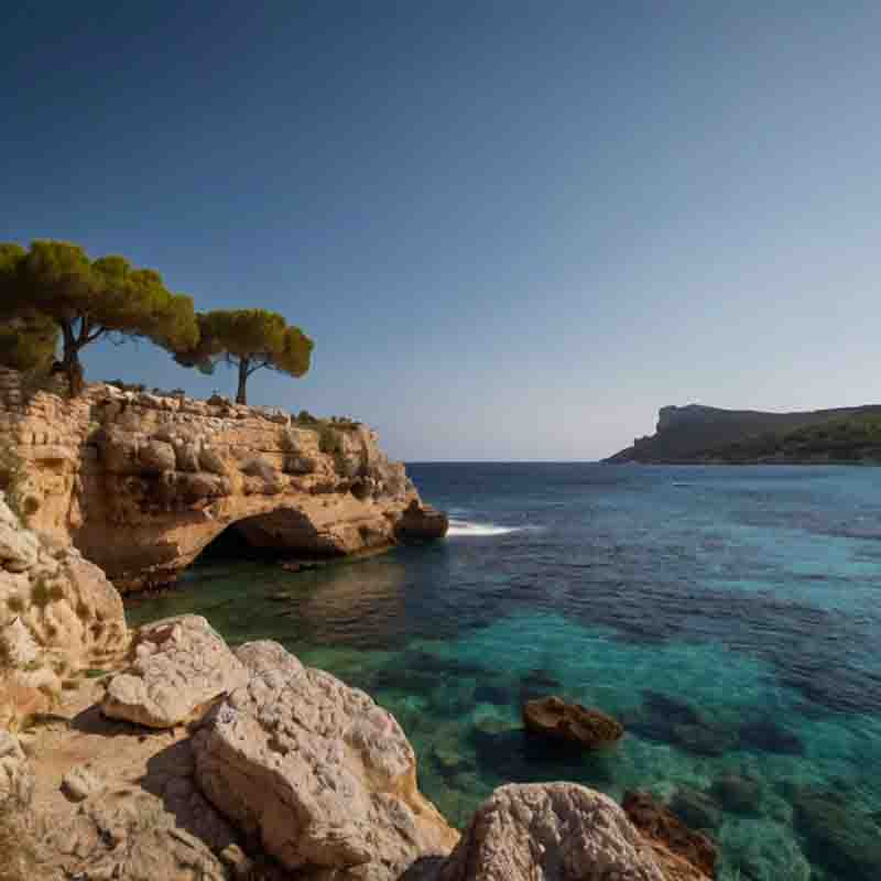 Herrlicher Blick auf die Küste einer Baleareninsel mit kristallklarem türkisfarbenem Wasser.