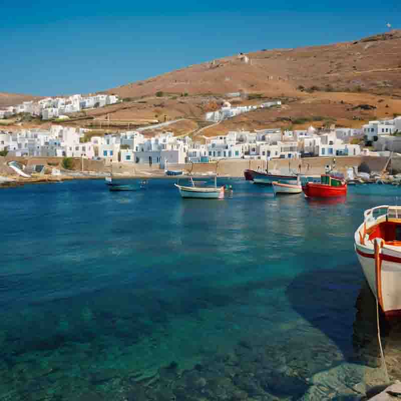 Boote angedockt in einem kleinen Hafen auf der griechischen Insel Tinos klares blaues Wasser