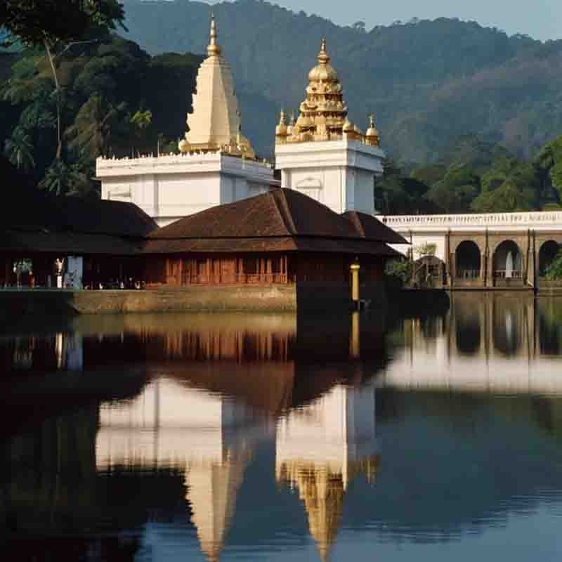 Ein majestätischer weißer Tempel in Sri Lanka an einem ruhigen Teich, der eine friedliche Atmosphäre erzeugt.
