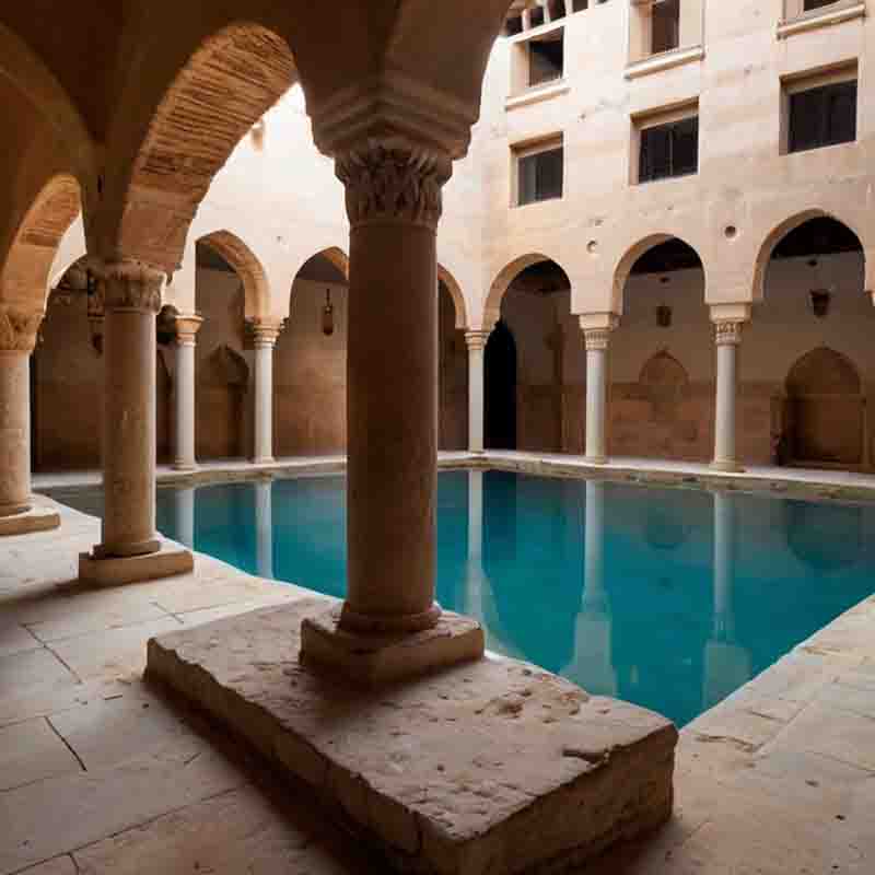 Ruhiger Pool in einem mallorquinischen Innenhof - eine malerische Mischung aus Wasser und historischer Schönheit.