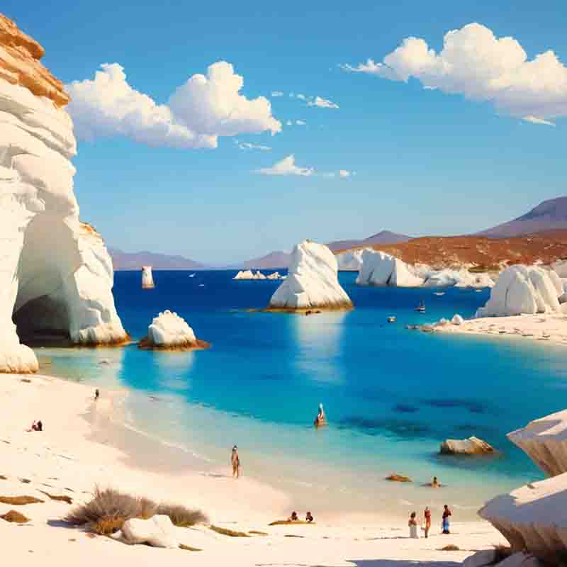 Ruhender Strand auf Milos Griechenland mit weißen Felsen und kristallklarem, blauem Wasser, mit malerischem Ausblick.